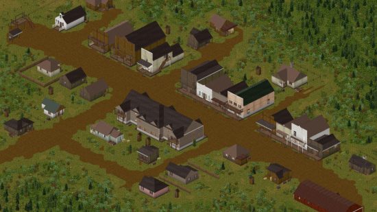 Project Zomboid construit 42 Wild West town - Une rue bordée de bâtiments dans un style Old Western.