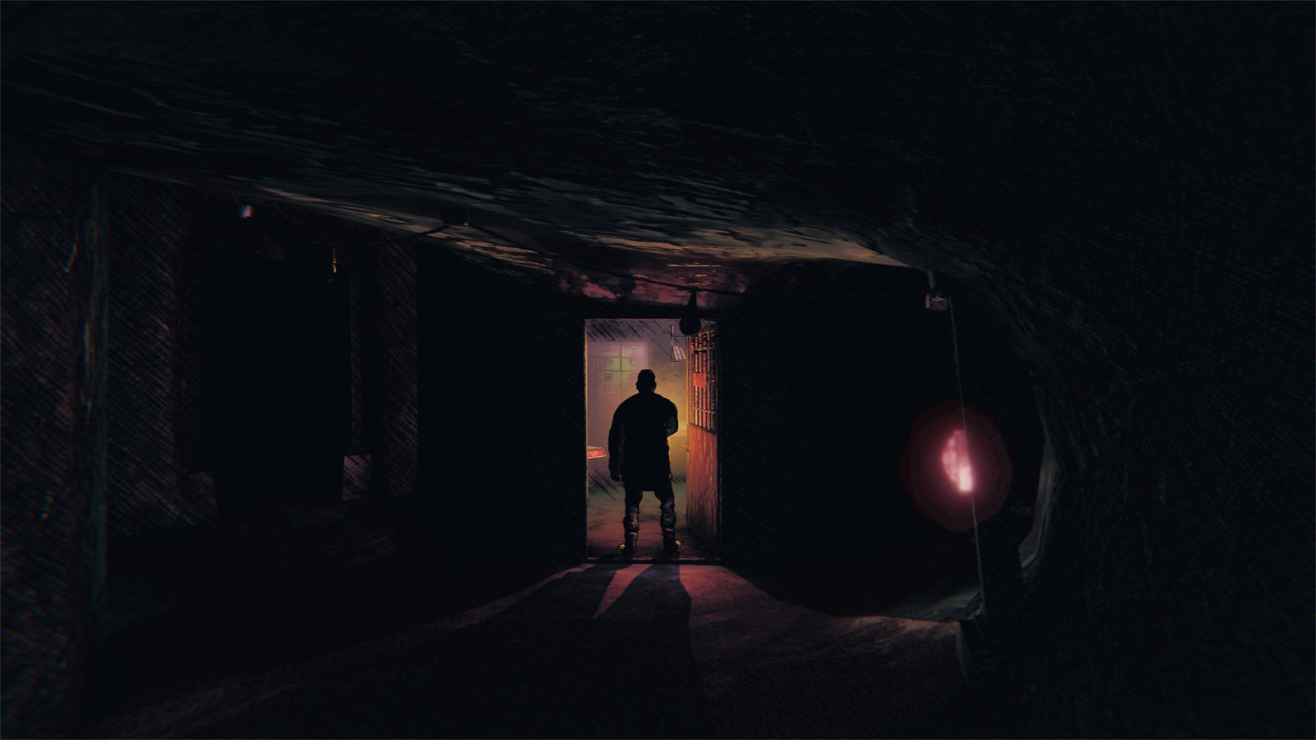 Au fond d'une sombre caverne se tient une personne près d'une porte ouverte, silhouettée par la lumière de la pièce qu'elle contemple.
