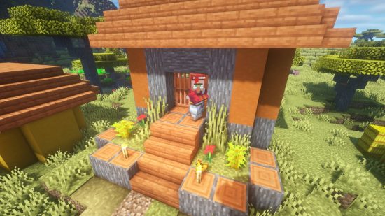 Un villageois bibliothécaire Minecraft se tient devant sa maison dans un village Minecraft de la savane.