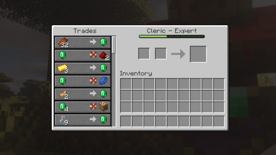 L'interface commerciale du villageois Minecraft, montrant les échanges d'un clerc expert.