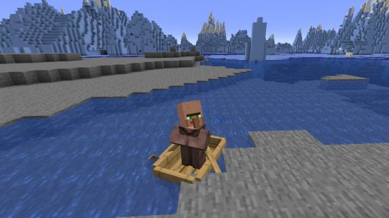 Comment peupler un village Minecraft : Transporter un villageois Minecraft dans un bateau ou Minecraft - l'image montre un villageois assis dans un bateau.