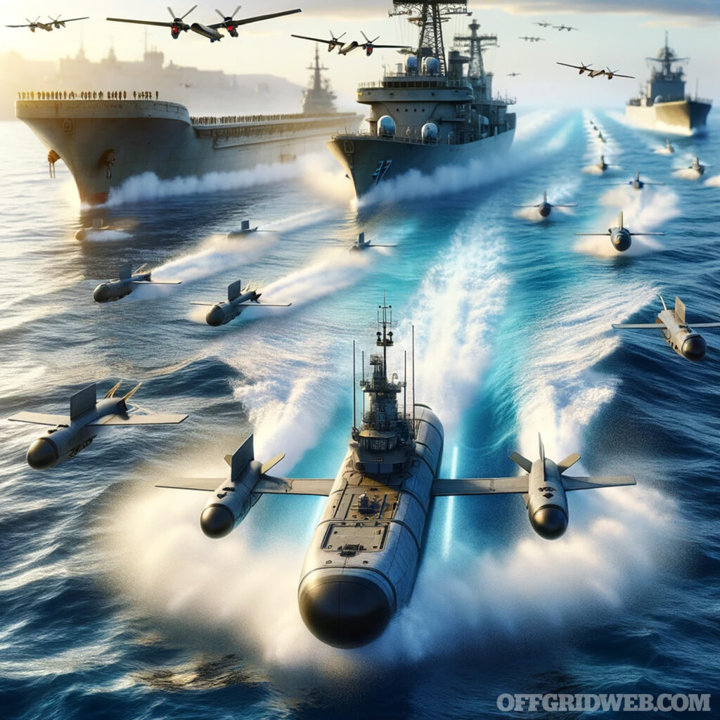 Photo générée par l'IA d'un essaim de drones sous-marins.