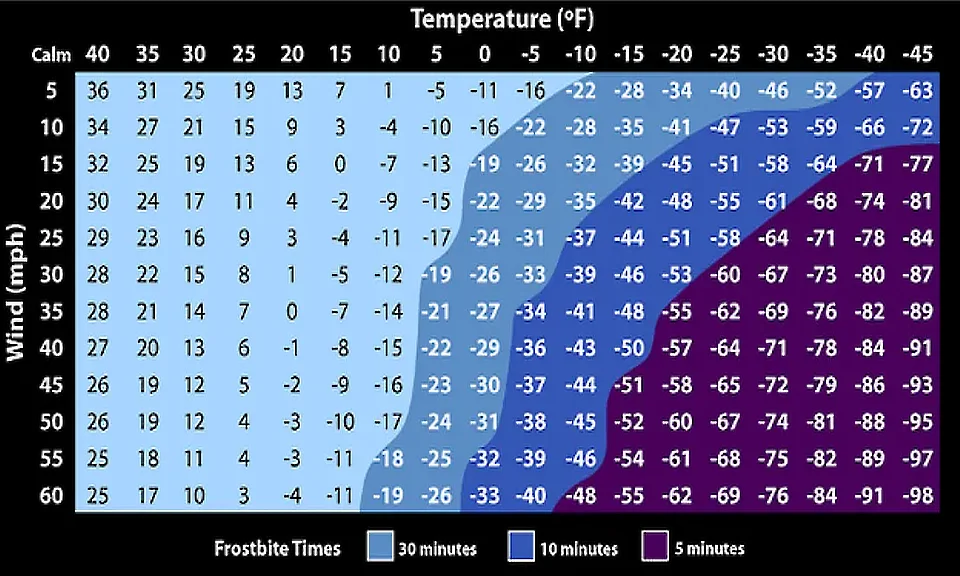 Refroidissement éolien - Tableau des engelures