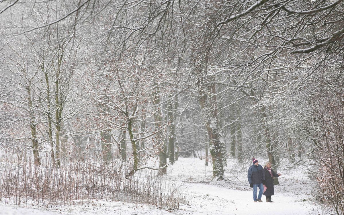 Vues générales de personnes profitant de la neige au parc Tandle Hills à Royton, dans le Grand Manchester. La région a été recouverte de neige pendant la nuit avec l'arrivée de la tempête Goretti. 