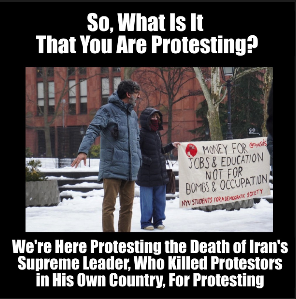  Nous sommes ici pour protester contre la mort du Guide suprême iranien, qui a tué des manifestants.