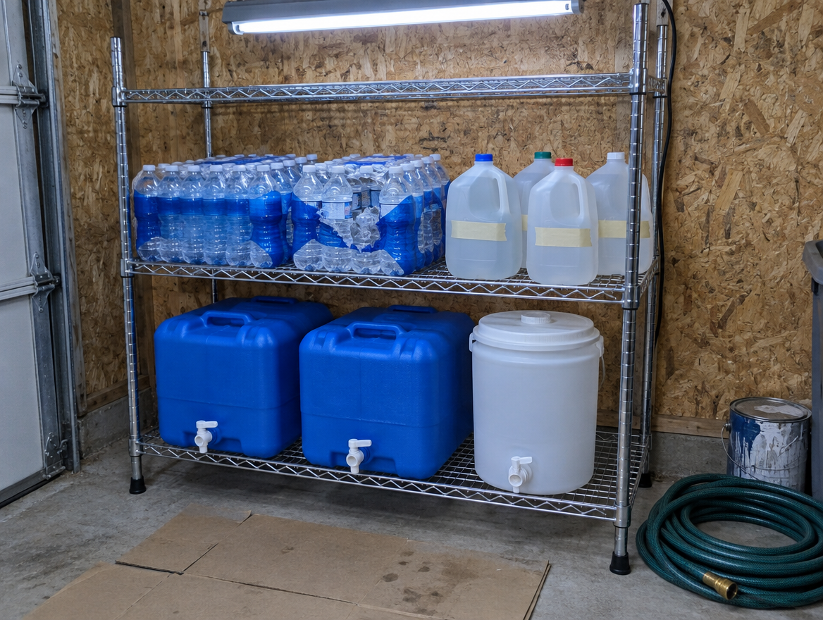 Réserves d’eau d’urgence en prévision du prochain avis de faire bouillir l’eau : bidons de 5 gallons, caisses d’eau en bouteille et bidons d’un gallon rangés sur une étagère du garage