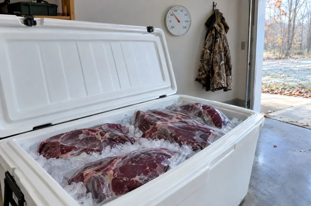 Quartiers de venaison emballés dans des sacs et conservés dans de la glace dans une glacière, avec un thermomètre mural indiquant une température proche de 35°F