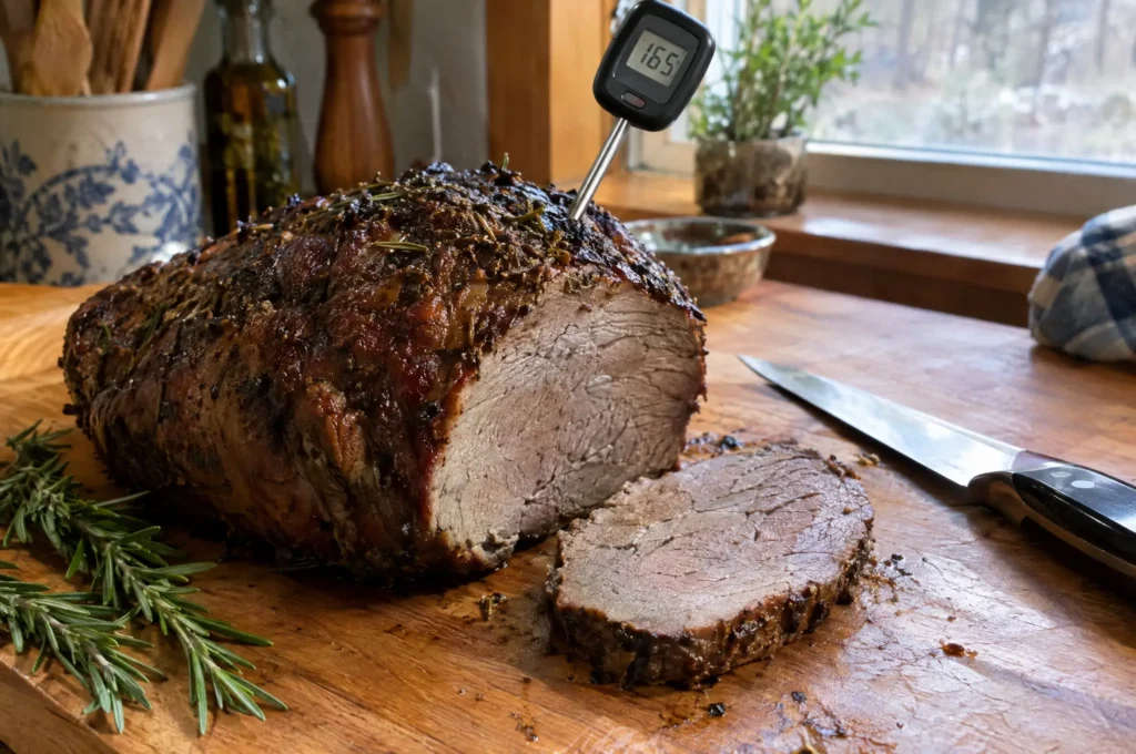 Rôti de gibier bien cuit, avec une température de 165°F indiquée par un thermomètre à sonde