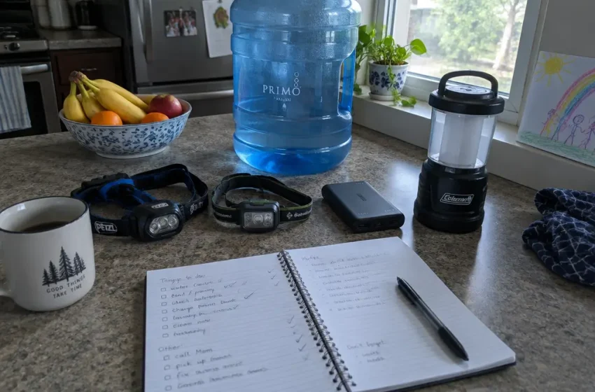 Carnet « Gap Journal » posé sur un plan de travail de cuisine, à côté de lampes frontales, d’une batterie externe, d’une carafe d’eau et d’une lanterne, lors d’un exercice de simulation de coupure de courant