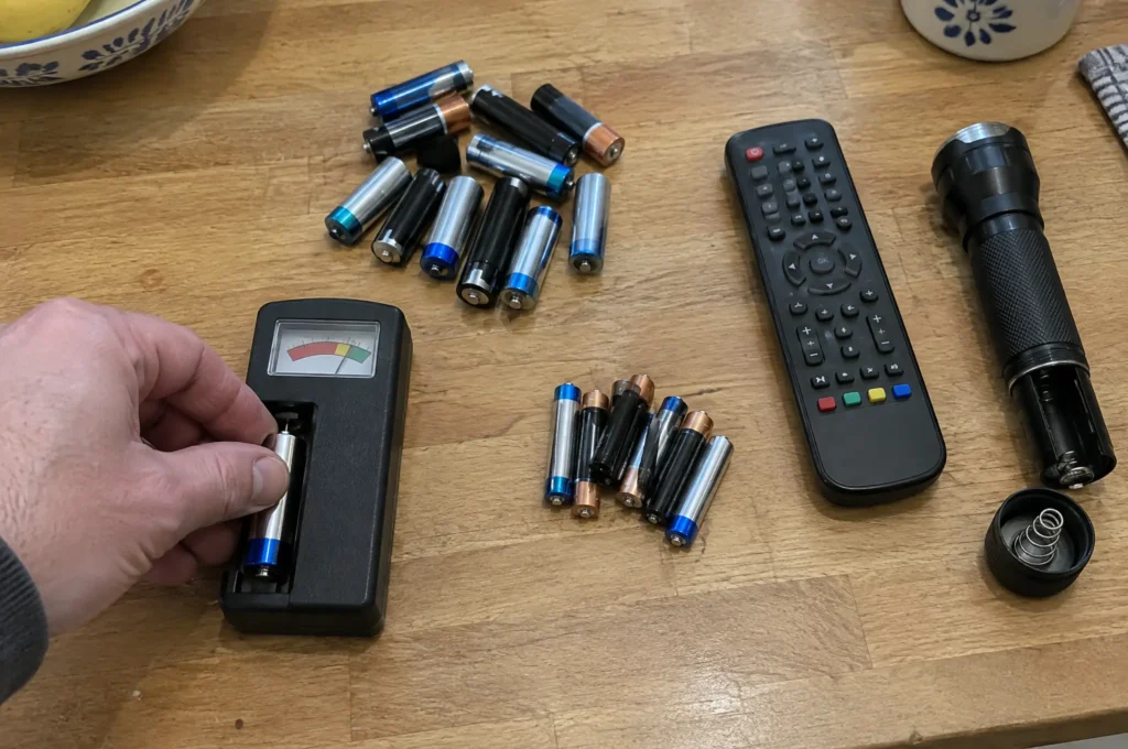 Tester une pile AA à l’aide d’un testeur de piles portable et trier les piles faibles pour la télécommande du téléviseur