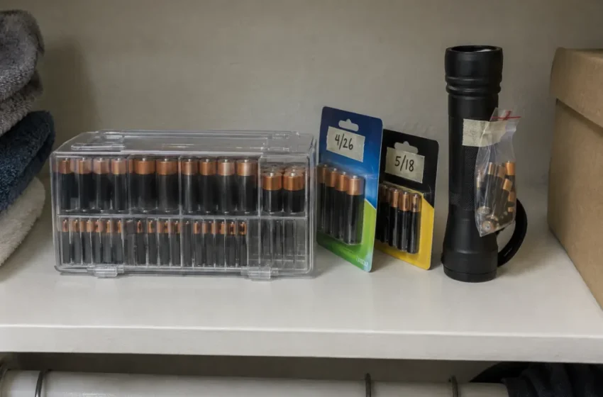 Piles de secours rangées dans un étui rigide sur une étagère de placard, avec une lampe de poche rangée vide et ses piles fixées dessus à l’aide de ruban adhésif dans un sac