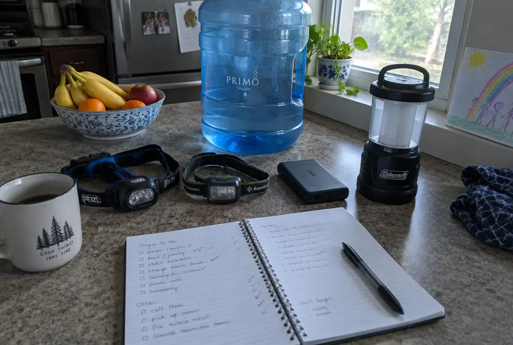 L’exercice « Blackout Weekend » : un exercice de simulation de coupure de courant qui met en évidence vos lacunes avant l’arrivée d’une tempête Carnet « Gap Journal » posé sur un plan de travail de cuisine, à côté de lampes frontales, d’une batterie externe, d’une carafe d’eau et d’une lanterne, lors d’un exercice de simulation de coupure de courant