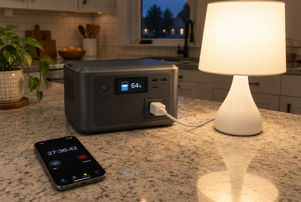 Lampe branchée sur une centrale d’alimentation à batterie posée sur un plan de travail pour un test de fonctionnement chronométré