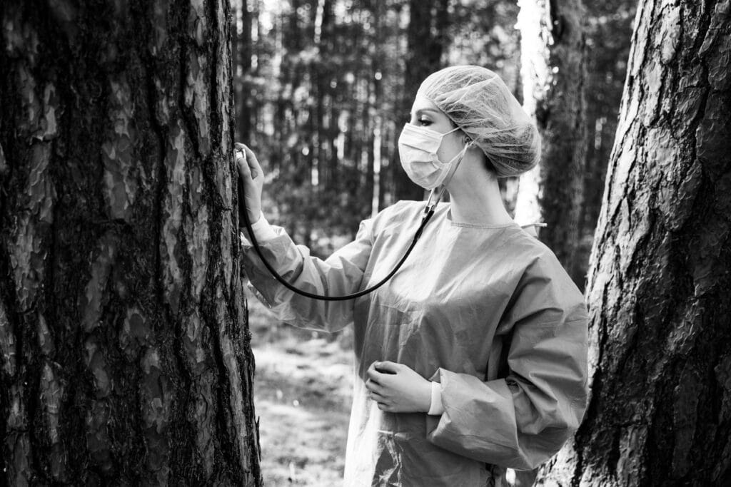 Une femme médecin examine un arbre à l’aide d’un stéthoscope, portant un masque médical, une charlotte et une blouse chirurgicale, dans une forêt