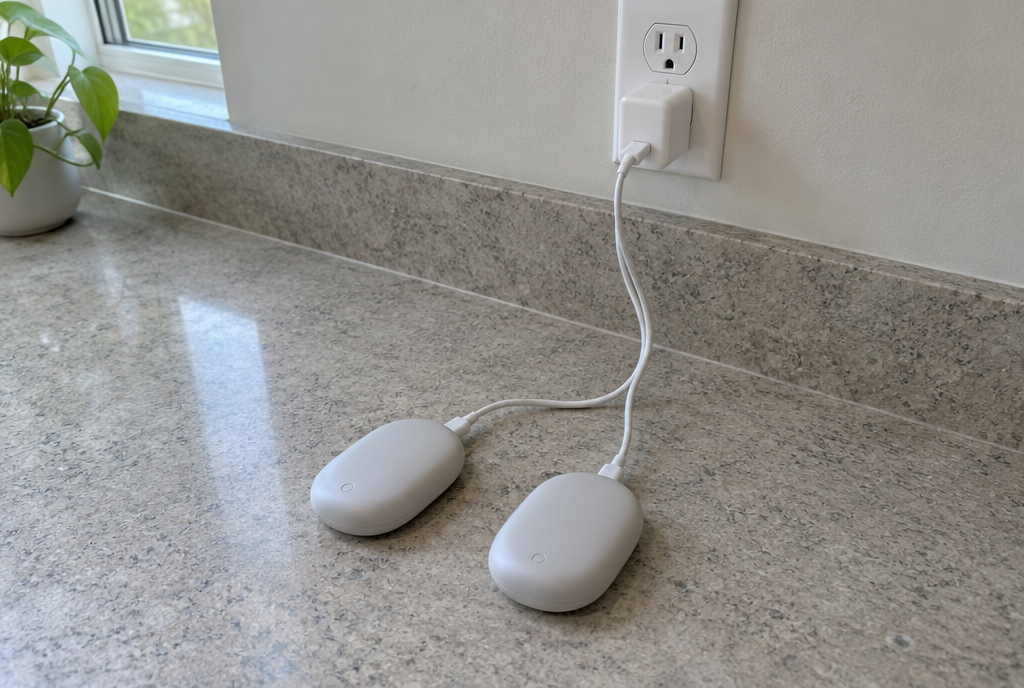 Rappel de chauffe-mains rechargeables : vérifiez votre sac d’équipement d’hiver en raison d’un risque d’incendie Chauffe-mains rechargeables en cours de recharge sur un plan de travail de cuisine dur, branchés sur une prise murale